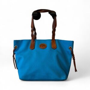 Dooney Bourke Blue Brown Tote Bag red interior canvas purse coa leather strap